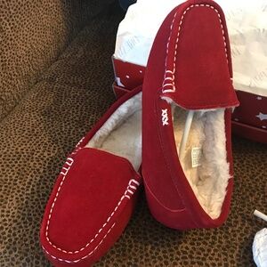 Red suede moccasin slippers